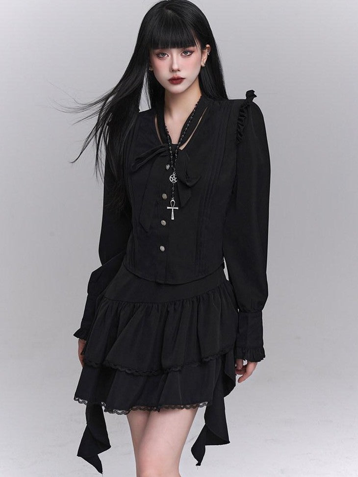 LADYGHOST Ethereal Korean Minimal Black Blouse Luxury Feel Women&