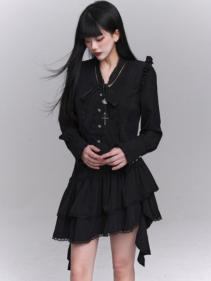 LADYGHOST Ethereal Korean Minimal Black Blouse Luxury Feel Women&