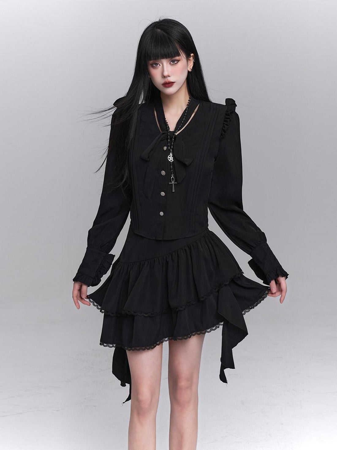 LADYGHOST Ethereal Korean Minimal Black Blouse Luxury Feel Women&