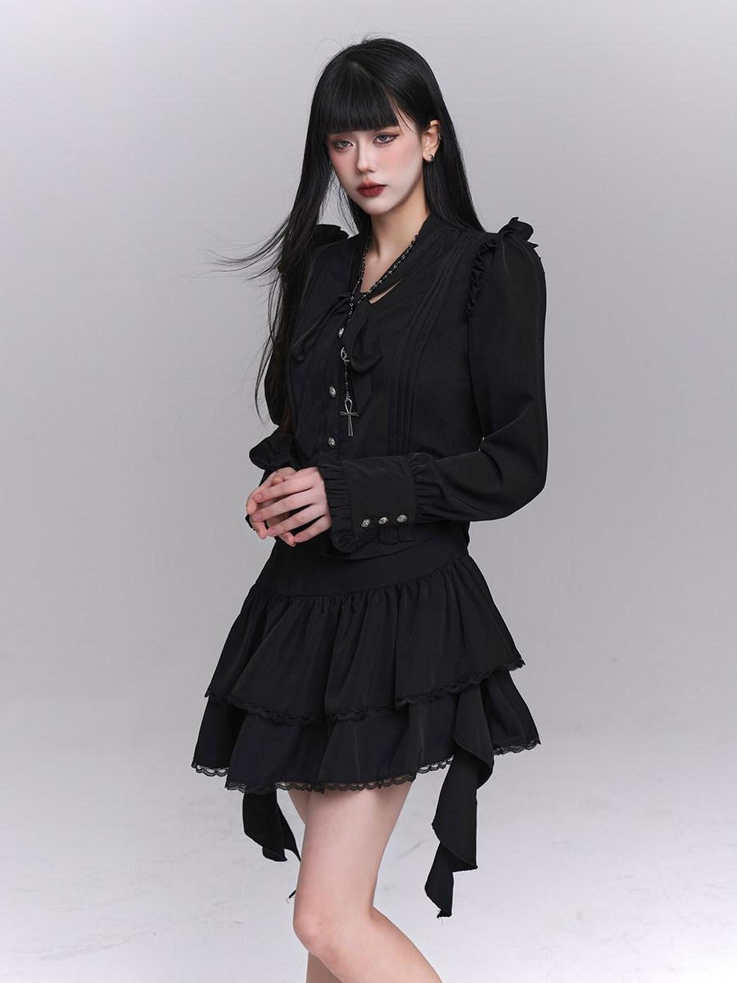 LADYGHOST Ethereal Korean Minimal Black Blouse Luxury Feel Women&