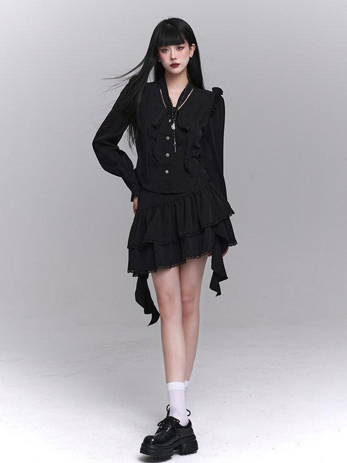 LADYGHOST Ethereal Korean Minimal Black Blouse Luxury Feel Women&