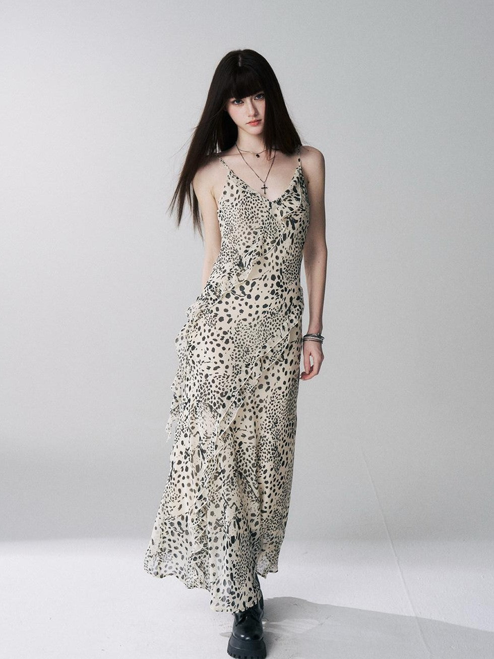 LADYGHOST Ethereal Leopard Print Backless Ruffle Women&
