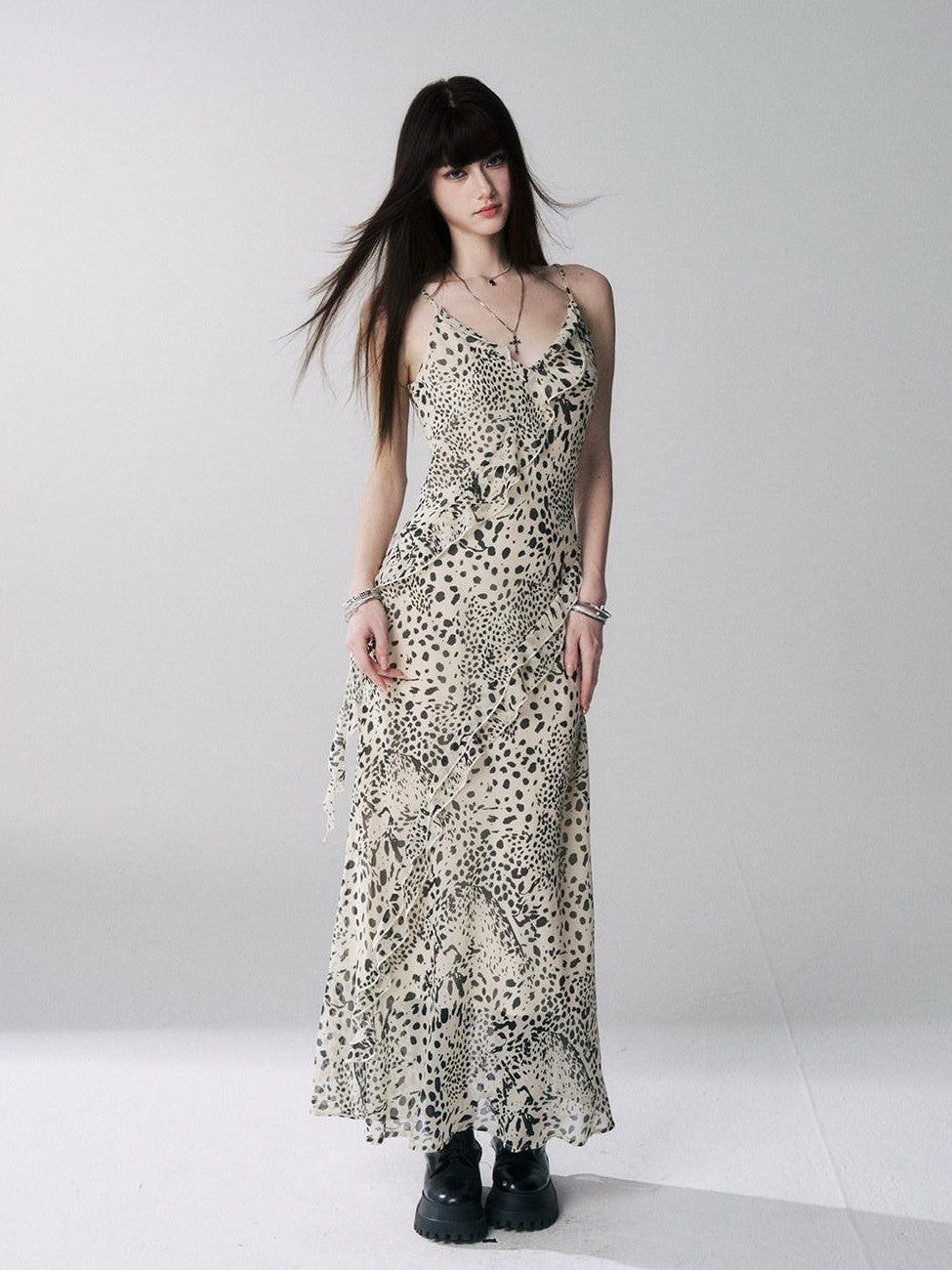 LADYGHOST Ethereal Leopard Print Backless Ruffle Women&