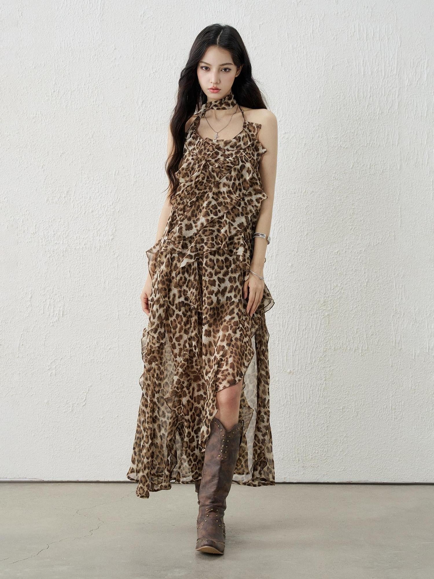 LADYGHOST Ethereal Leopard Print Backless Ruffled Women&