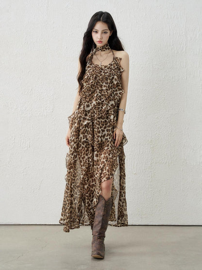 LADYGHOST Ethereal Leopard Print Backless Ruffled Women&