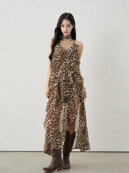 LADYGHOST Ethereal Leopard Print Backless Ruffled Women&