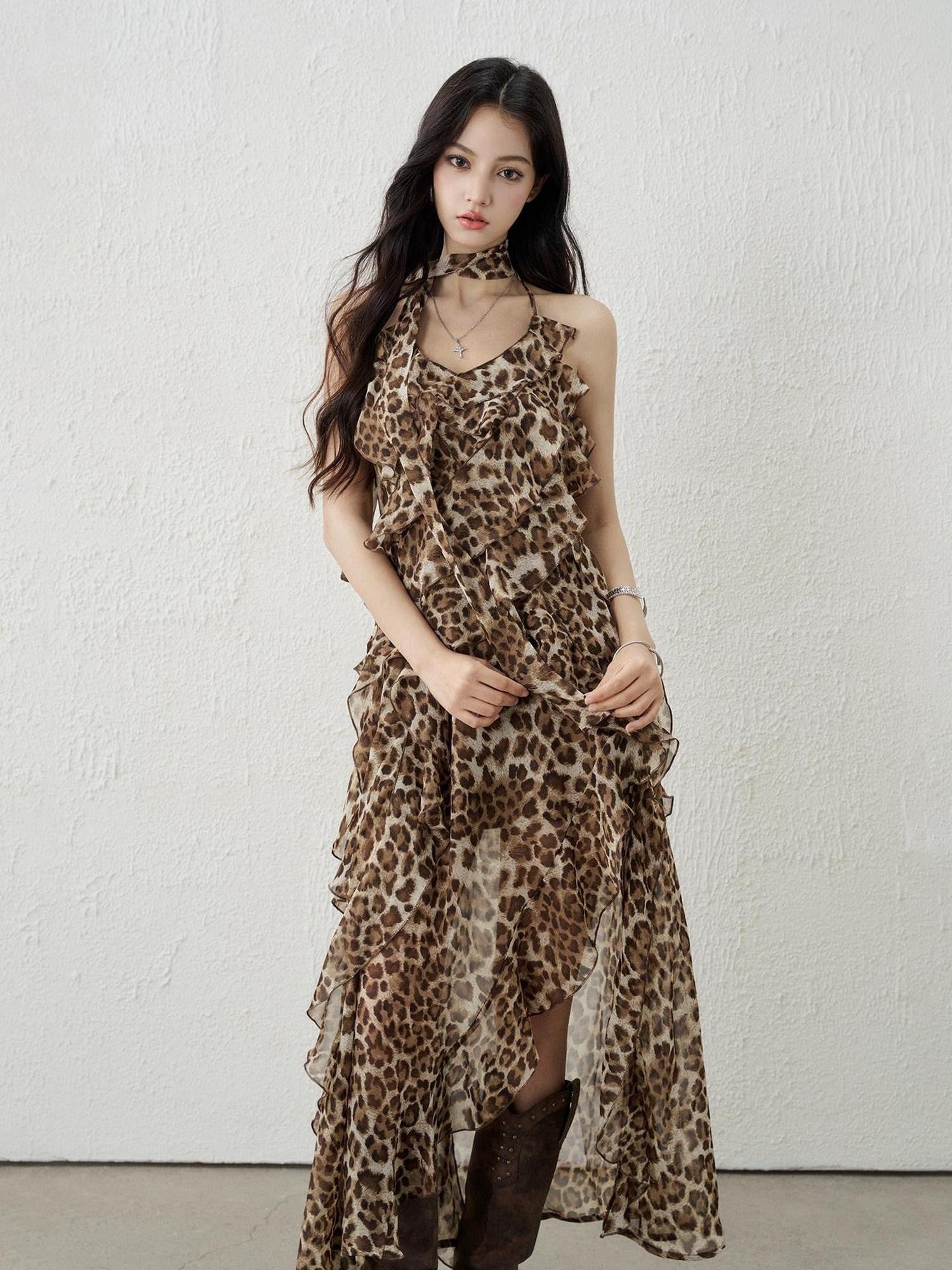 LADYGHOST Ethereal Leopard Print Backless Ruffled Women&