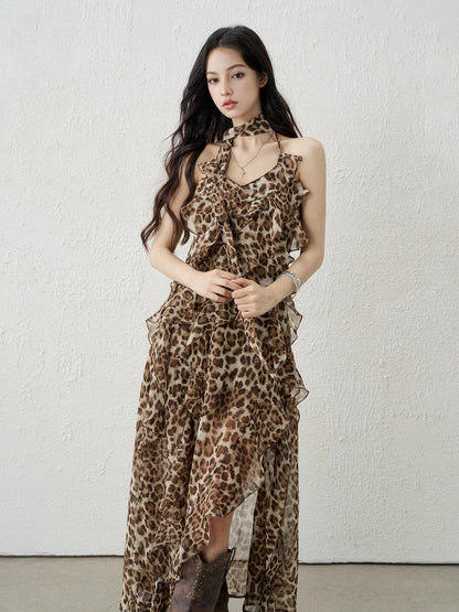 LADYGHOST Ethereal Leopard Print Backless Ruffled Women&