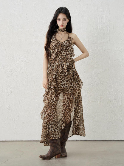 LADYGHOST Ethereal Leopard Print Backless Ruffled Women&