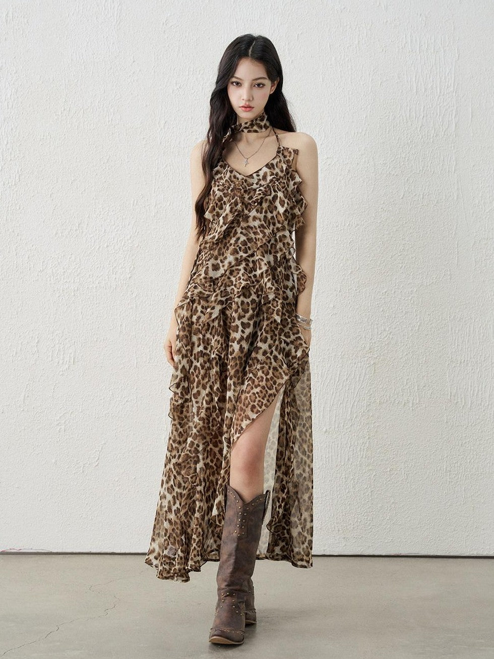 LADYGHOST Ethereal Leopard Print Backless Ruffled Women&
