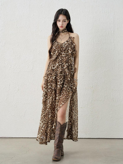 LADYGHOST Ethereal Leopard Print Backless Ruffled Women&