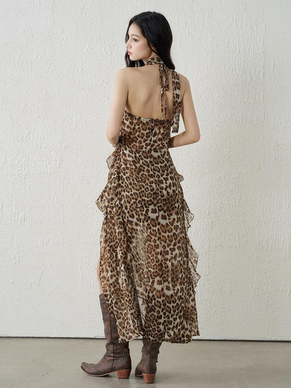 LADYGHOST Ethereal Leopard Print Backless Ruffled Women&