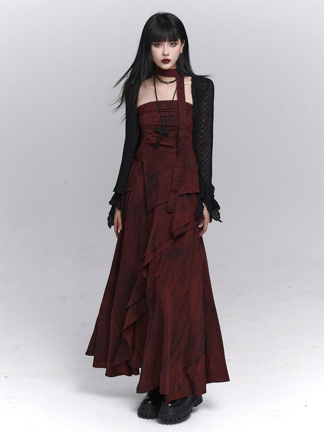LADYGHOST Ethereal Minimal Chic Unique Red Top And Long Skirt Women&