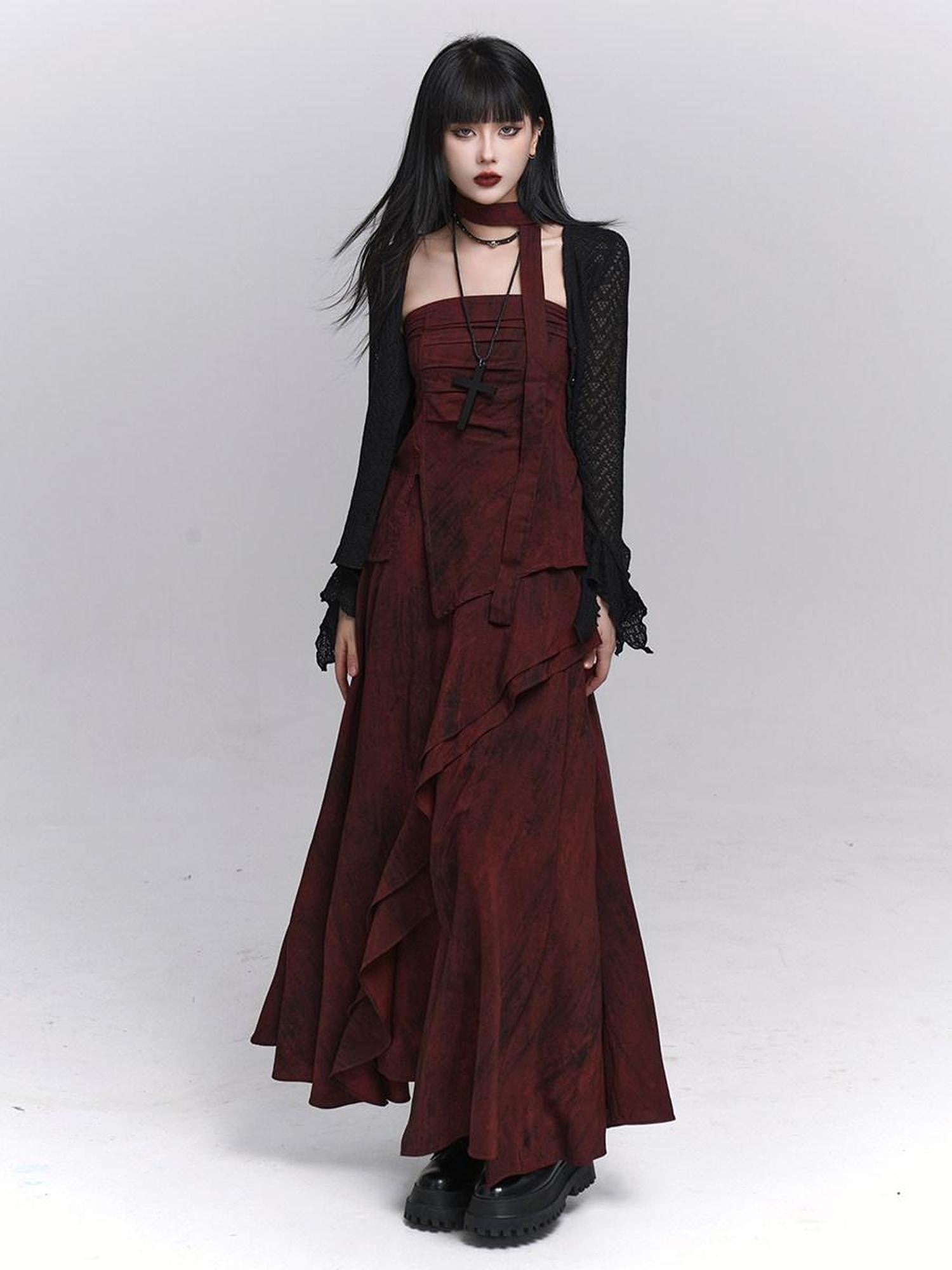 LADYGHOST Ethereal Minimal Chic Unique Red Top And Long Skirt Women&