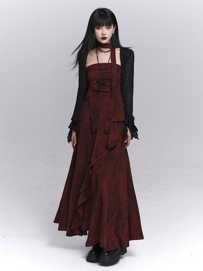 LADYGHOST Ethereal Minimal Chic Unique Red Top And Long Skirt Women&