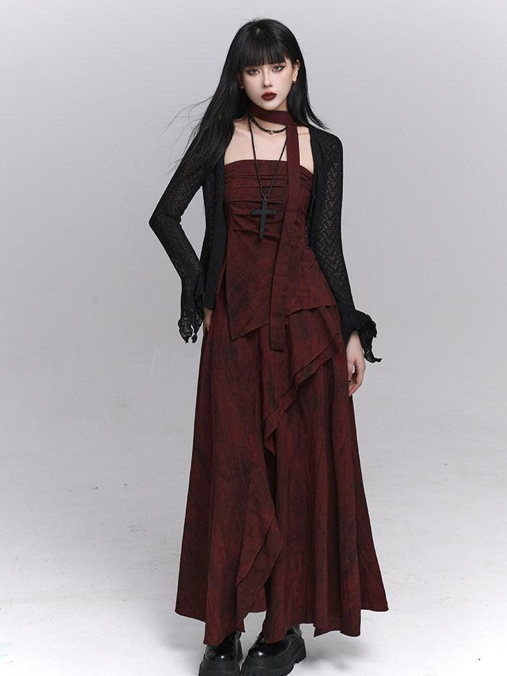 LADYGHOST Ethereal Minimal Chic Unique Red Top And Long Skirt Women&