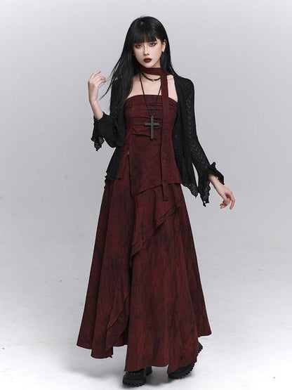 LADYGHOST Ethereal Minimal Chic Unique Red Top And Long Skirt Women&