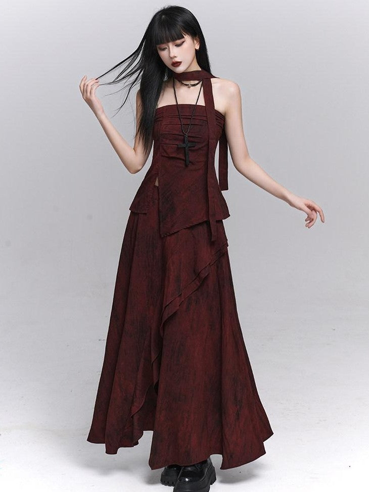 LADYGHOST Ethereal Minimal Chic Unique Red Top And Long Skirt Women&