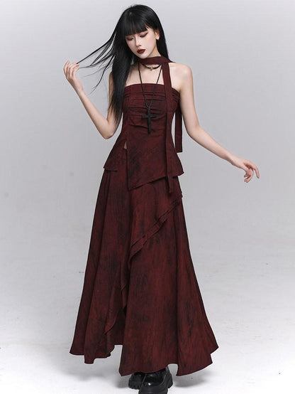 LADYGHOST Ethereal Minimal Chic Unique Red Top And Long Skirt Women&