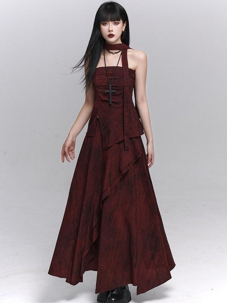 LADYGHOST Ethereal Minimal Chic Unique Red Top And Long Skirt Women&