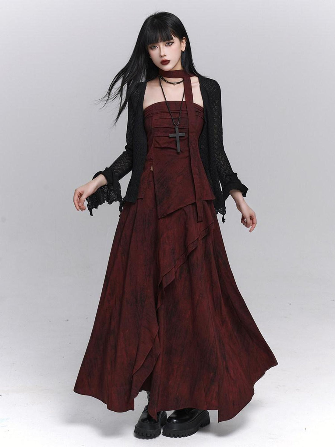 LADYGHOST Ethereal Minimal Chic Unique Red Top And Long Skirt Women&