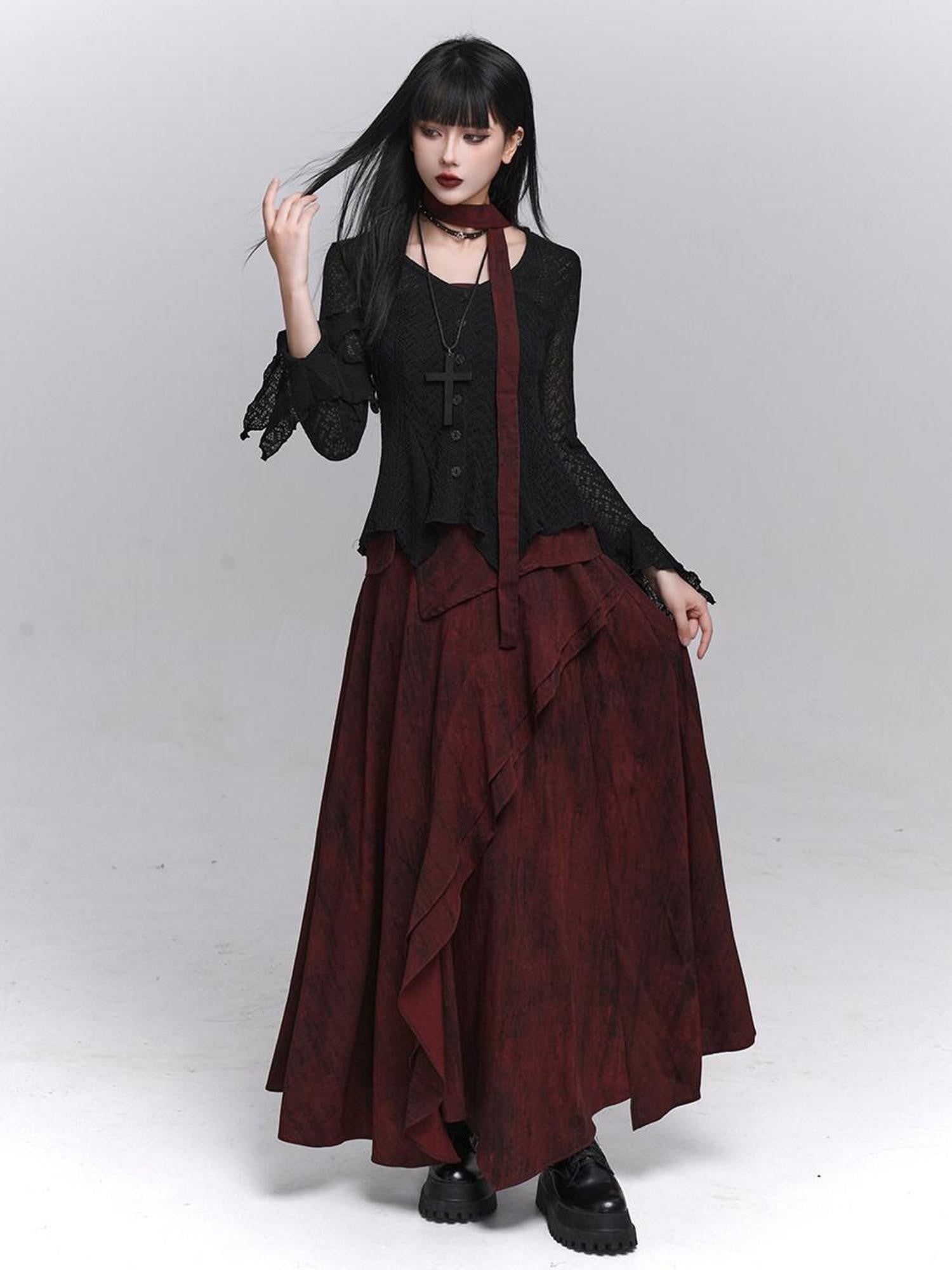 LADYGHOST Ethereal Minimal Chic Unique Red Top And Long Skirt Women&