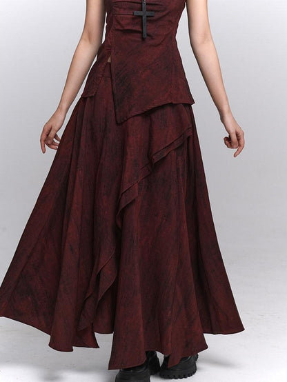 LADYGHOST Ethereal Minimal Chic Unique Red Top And Long Skirt Women&