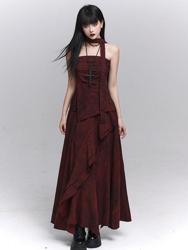 LADYGHOST Ethereal Minimal Chic Unique Red Top And Long Skirt Women&