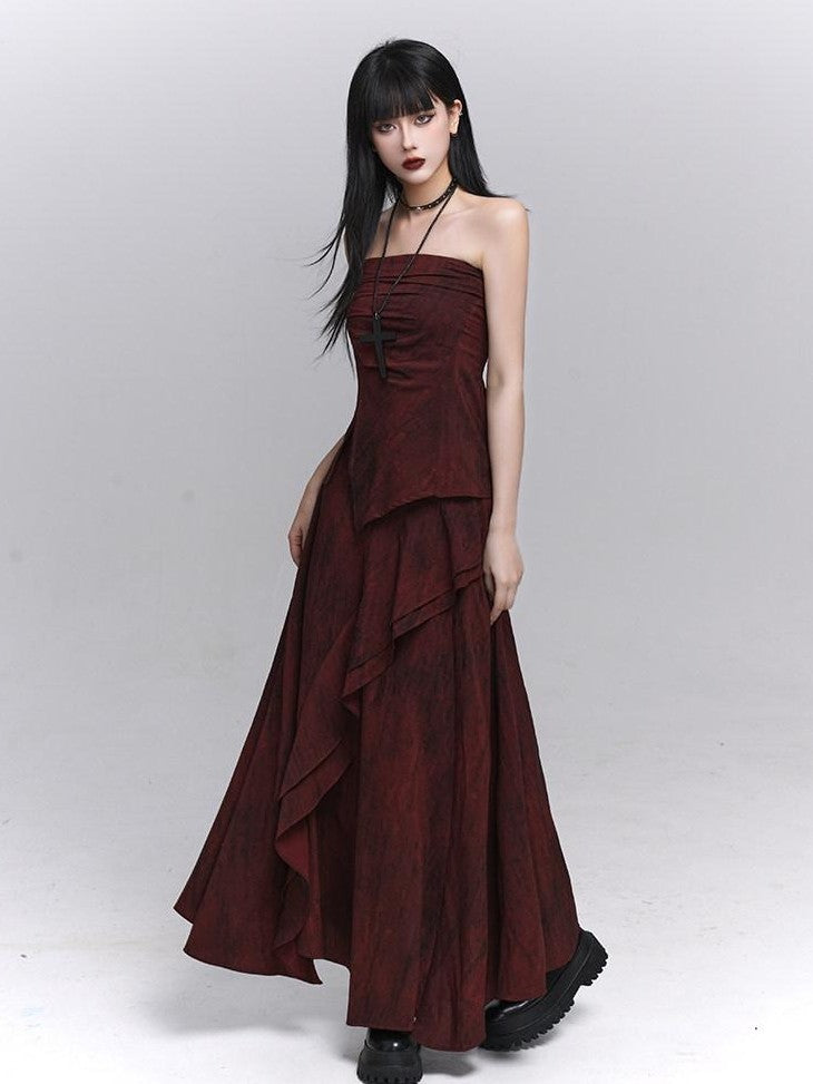 LADYGHOST Ethereal Minimal Chic Unique Red Top And Long Skirt Women&