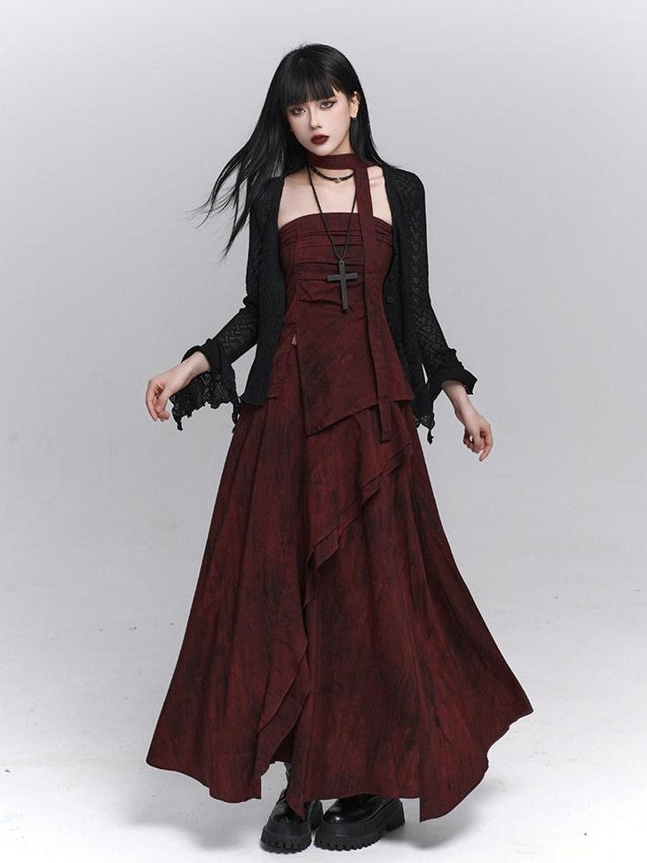 LADYGHOST Ethereal Minimal Chic Unique Red Top And Long Skirt Women&