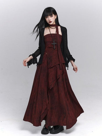 LADYGHOST Ethereal Minimal Chic Unique Red Top And Long Skirt Women&