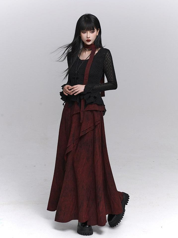 LADYGHOST Ethereal Minimal Chic Unique Red Top And Long Skirt Women&
