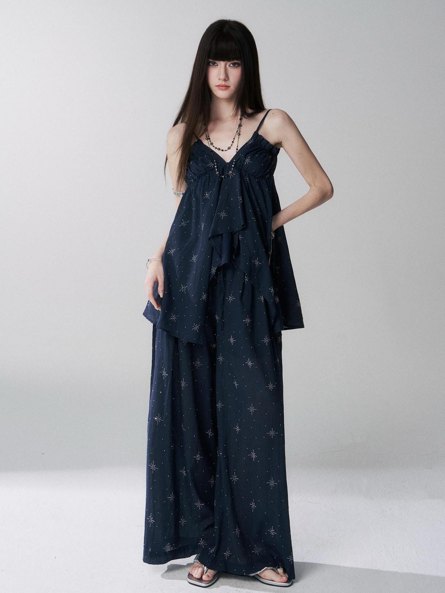 LADYGHOST Ethereal Navy Rhinestone Wide Leg Women&