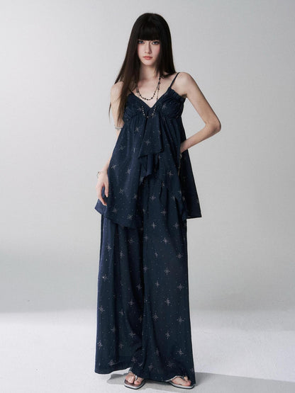 LADYGHOST Ethereal Navy Rhinestone Wide Leg Women&