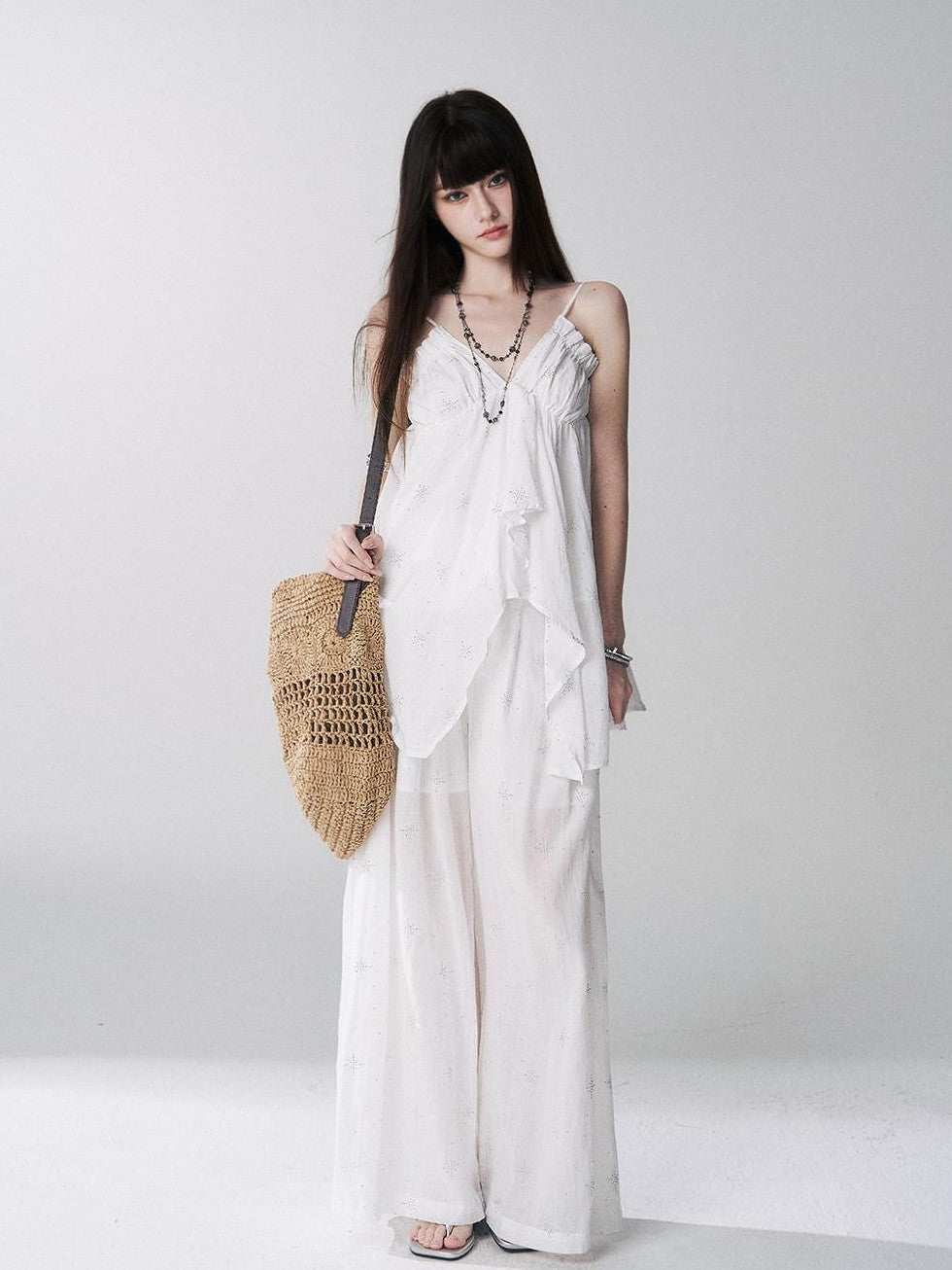 LADYGHOST Ethereal Navy Rhinestone Wide Leg Women&