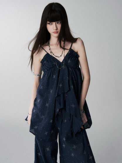 LADYGHOST Ethereal Navy Rhinestone Wide Leg Women&
