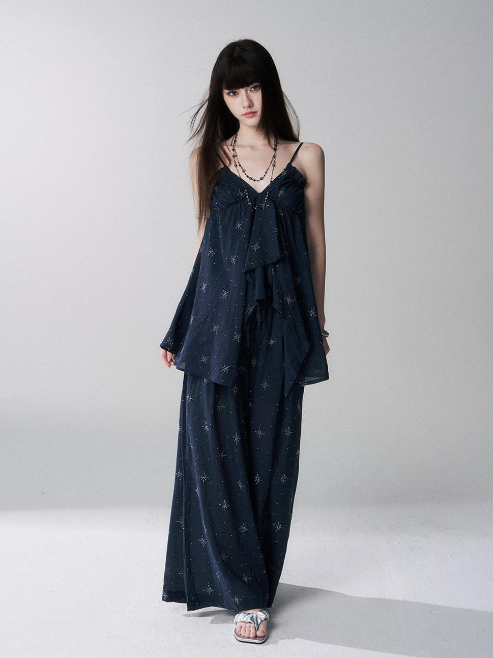 LADYGHOST Ethereal Navy Rhinestone Wide Leg Women&
