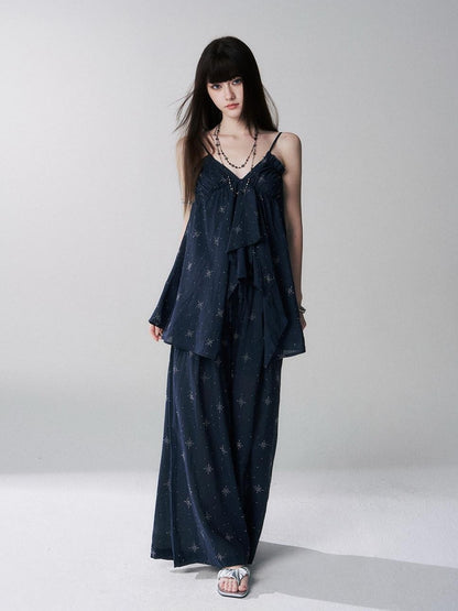 LADYGHOST Ethereal Navy Rhinestone Wide Leg Women&