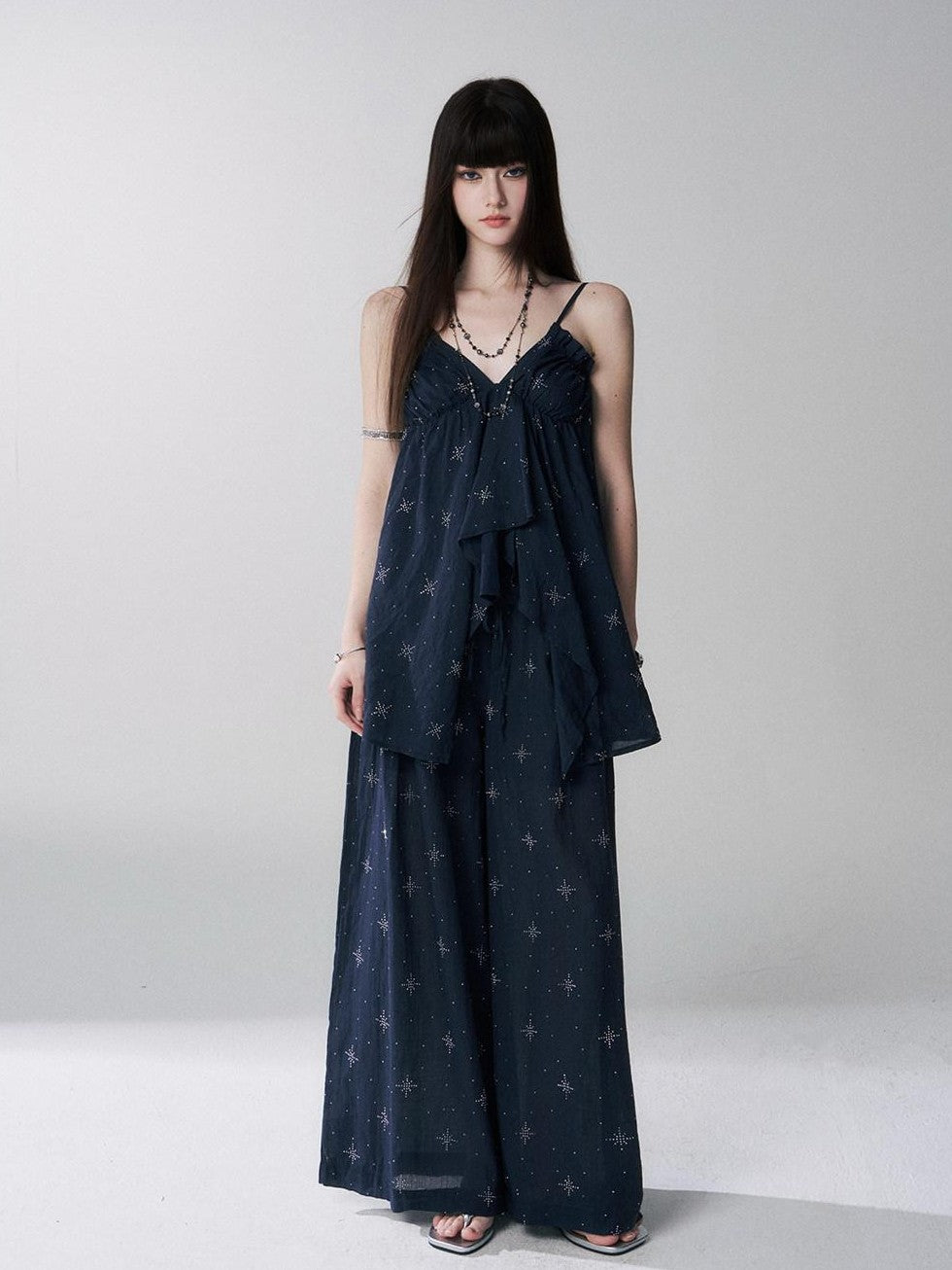 LADYGHOST Ethereal Navy Rhinestone Wide Leg Women&