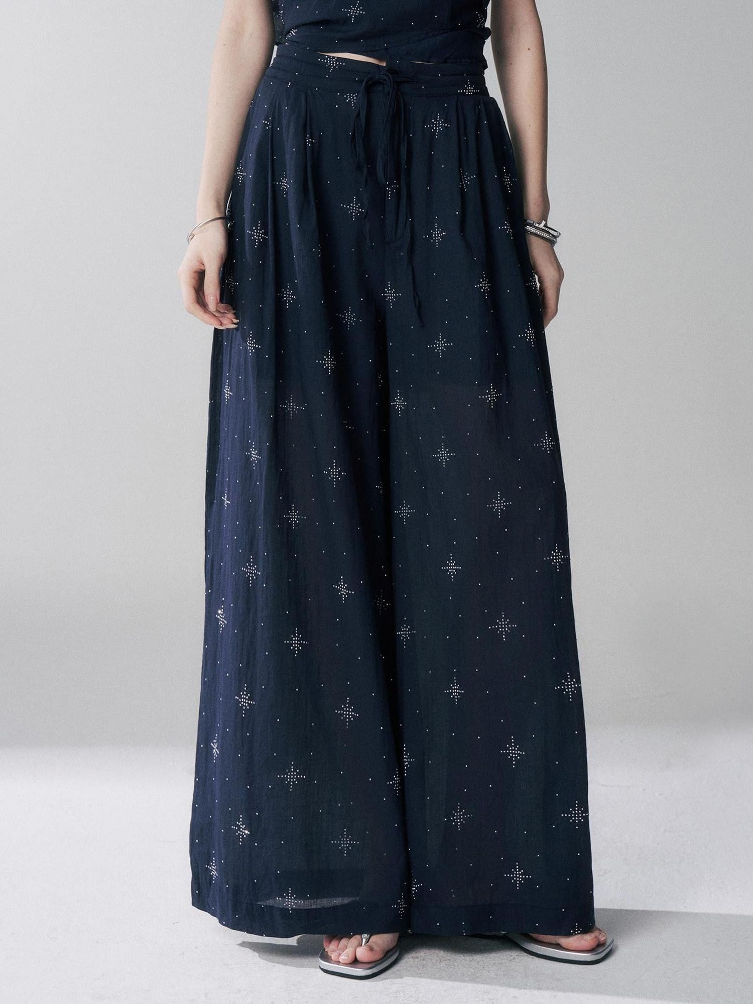 LADYGHOST Ethereal Navy Rhinestone Wide Leg Women&