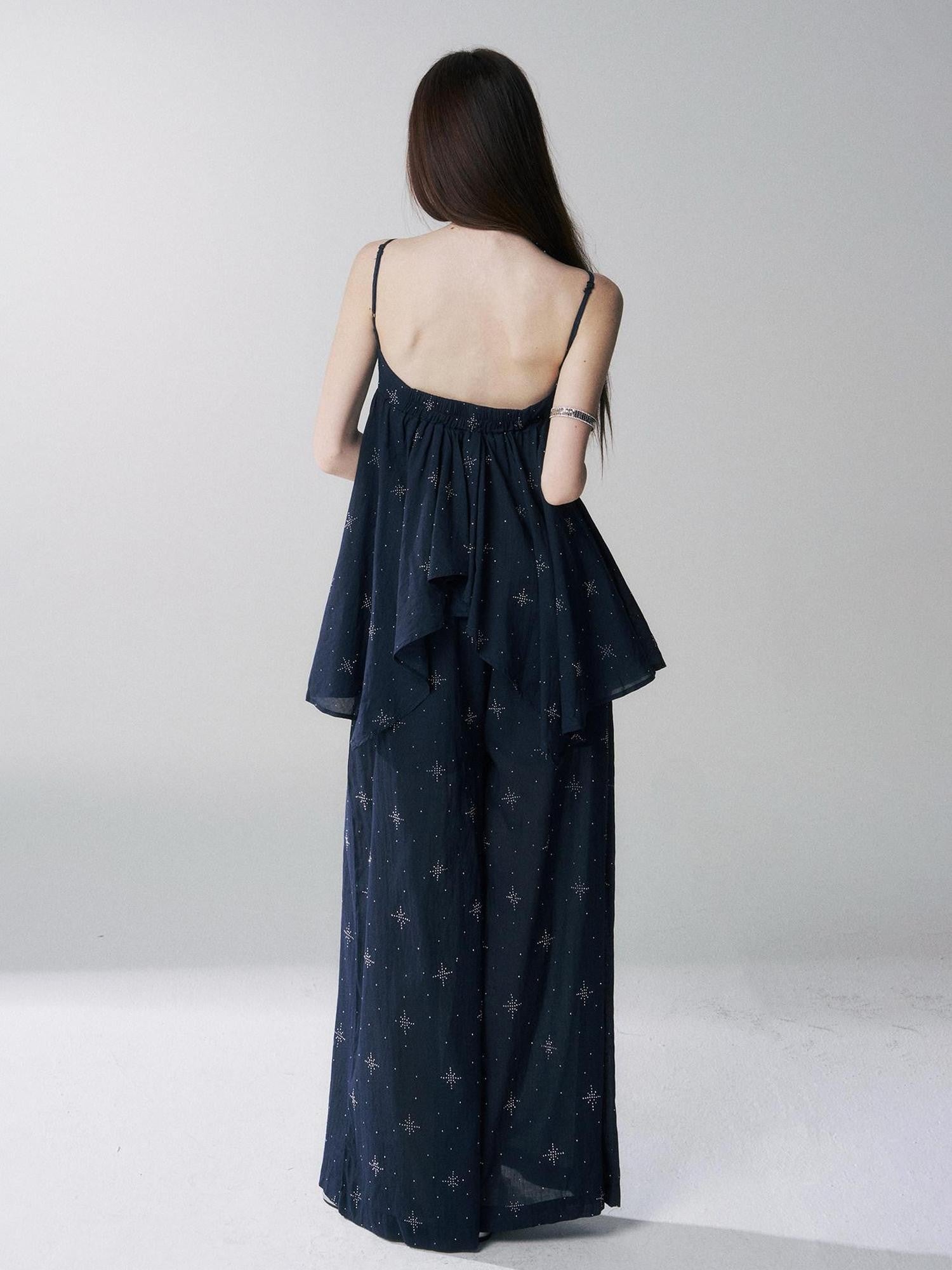 LADYGHOST Ethereal Navy Rhinestone Wide Leg Women&
