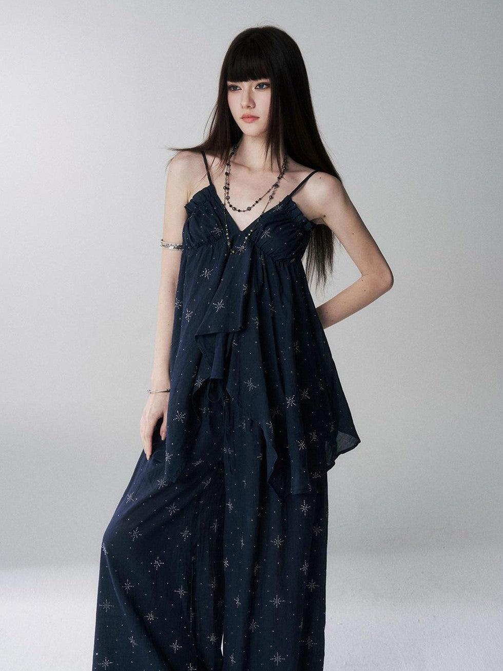 LADYGHOST Ethereal Navy Rhinestone Wide Leg Women&