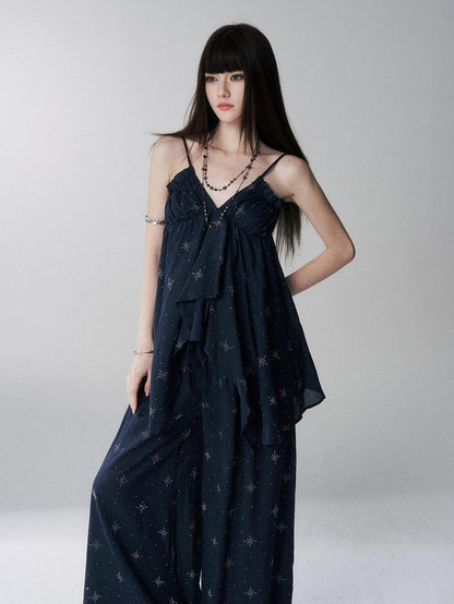 LADYGHOST Ethereal Navy Rhinestone Wide Leg Women&