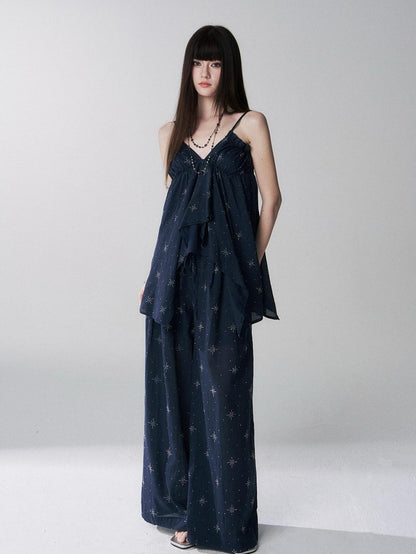 LADYGHOST Ethereal Navy Rhinestone Wide Leg Women&