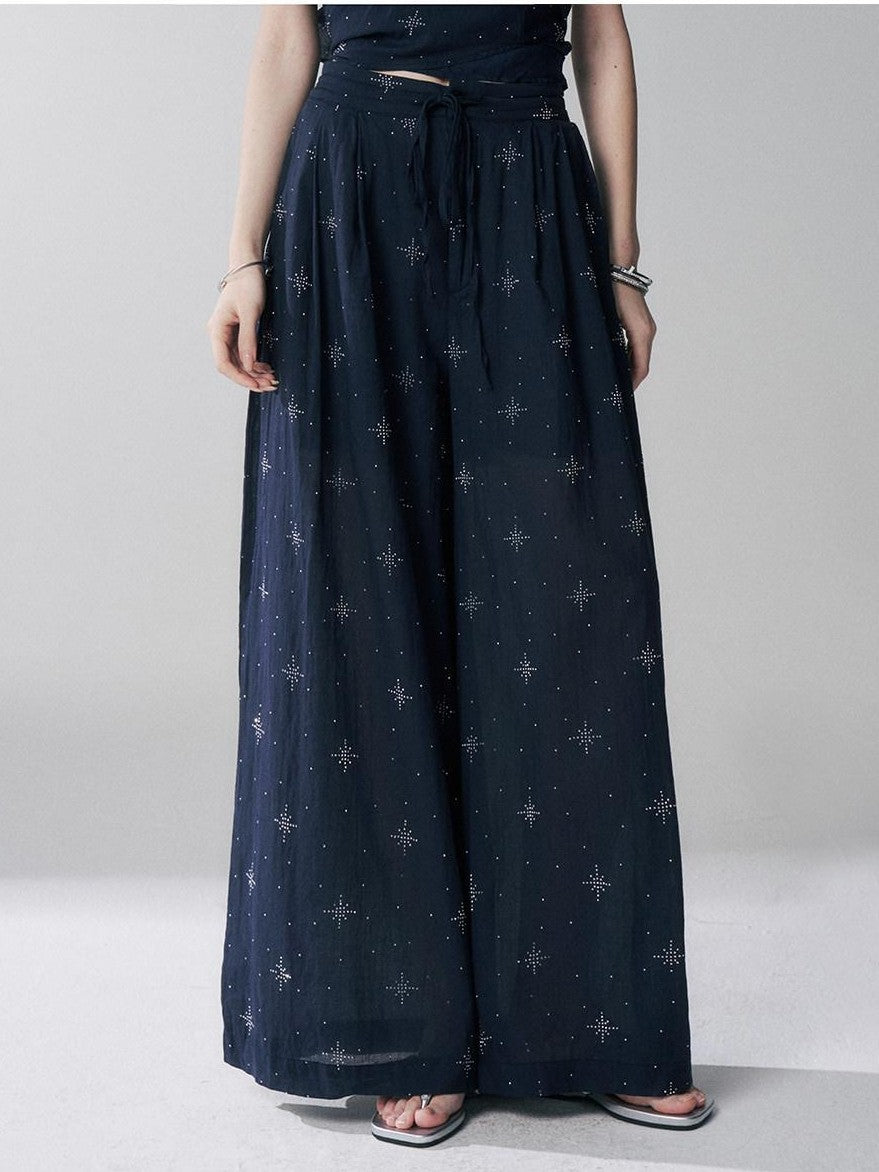 LADYGHOST Ethereal Navy Rhinestone Wide Leg Women&