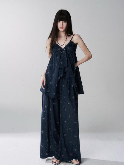LADYGHOST Ethereal Navy Rhinestone Wide Leg Women&