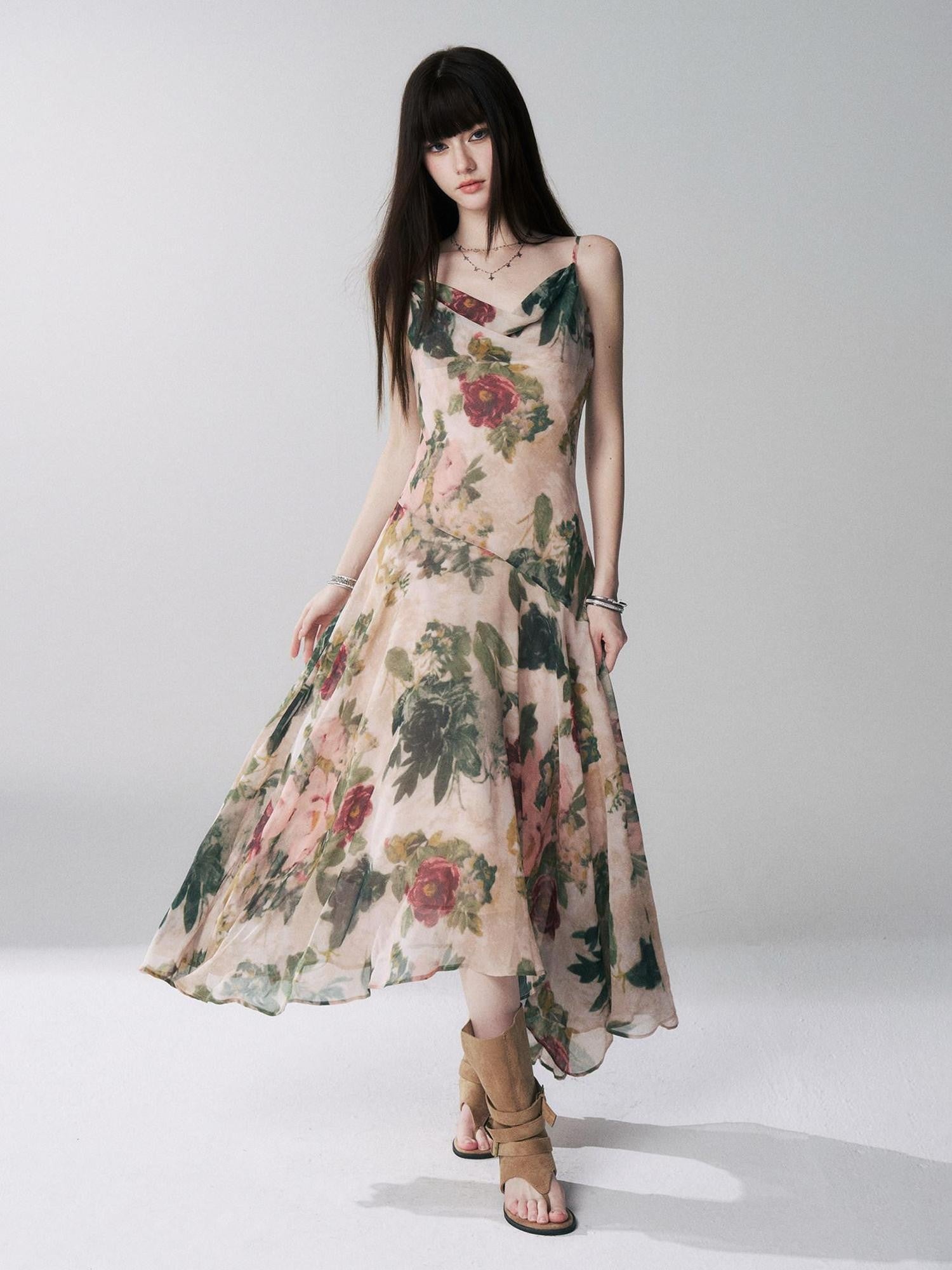 LADYGHOST Ethereal Oil Painting Floral Cowl Neck Women&