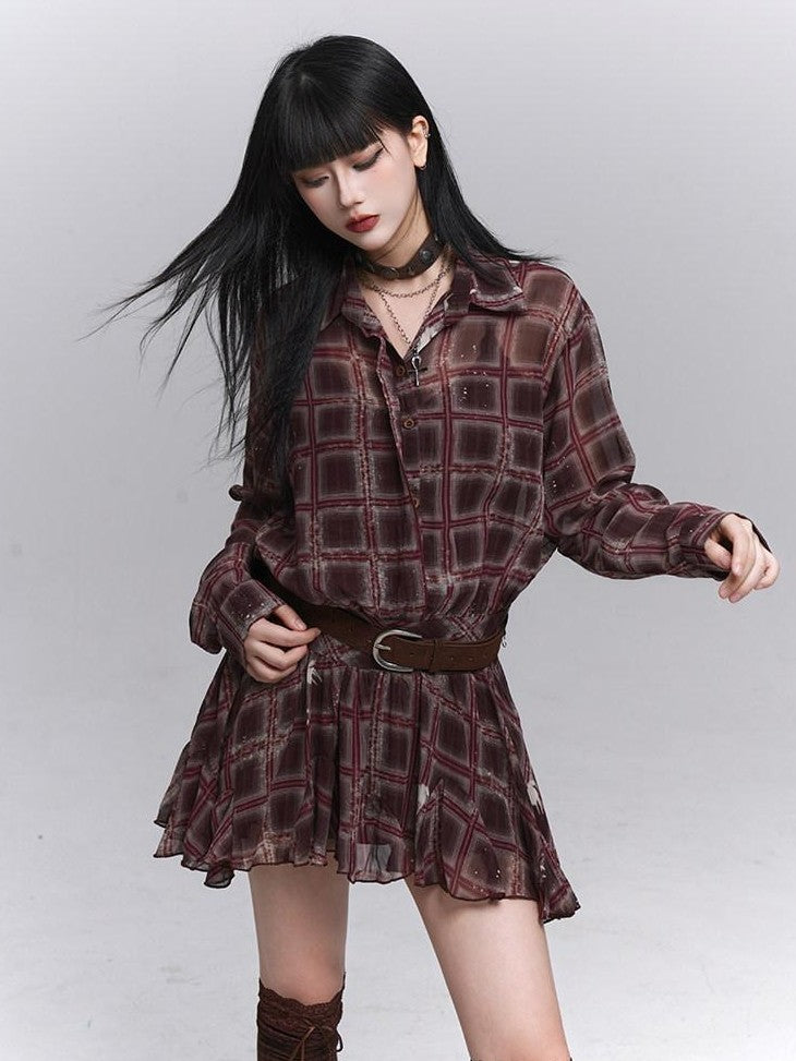 LADYGHOST Ethereal Plaid Long Sleeve Shirt Dress Women&
