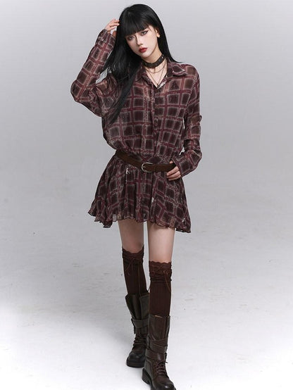 LADYGHOST Ethereal Plaid Long Sleeve Shirt Dress Women&