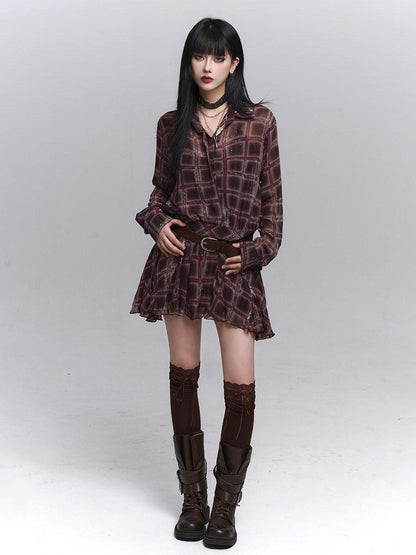 LADYGHOST Ethereal Plaid Long Sleeve Shirt Dress Women&